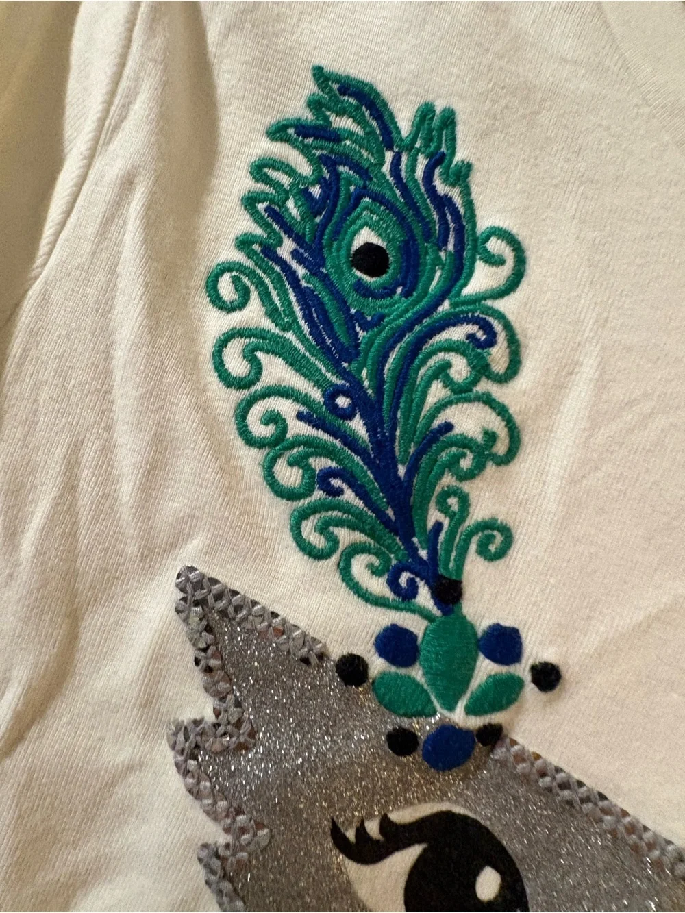 Gymboree White Long Sleeve Mask Face Top with Teal Feather